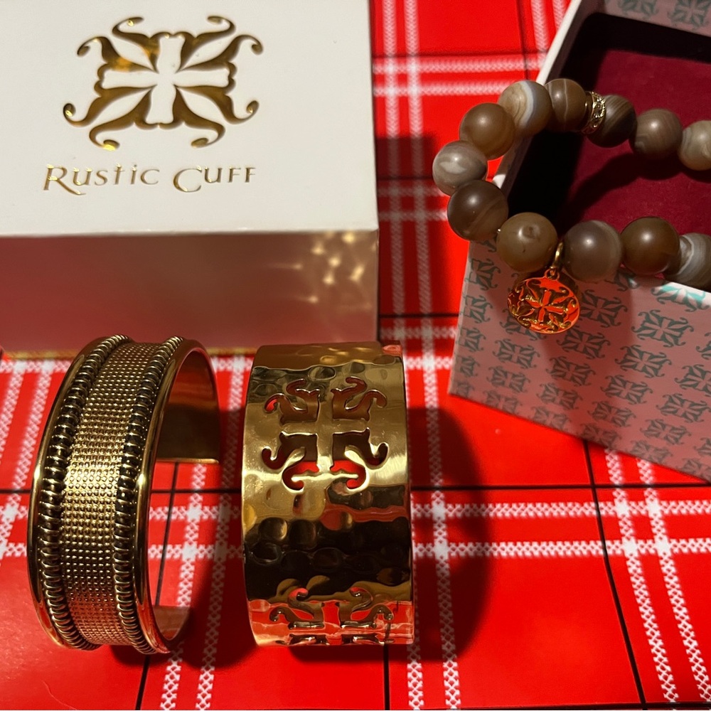 Rustic Cuff. Bracelet Set (Gold & Brown)